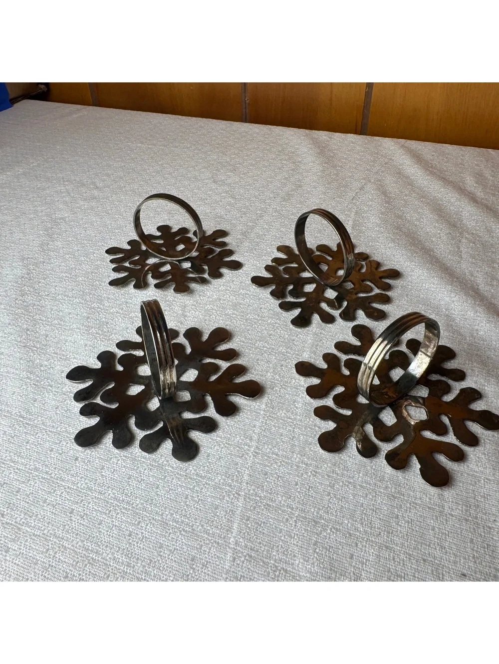 Vintage Silver Tone Snowflake Napkin Rings Set of 4 Christmas Holiday Table